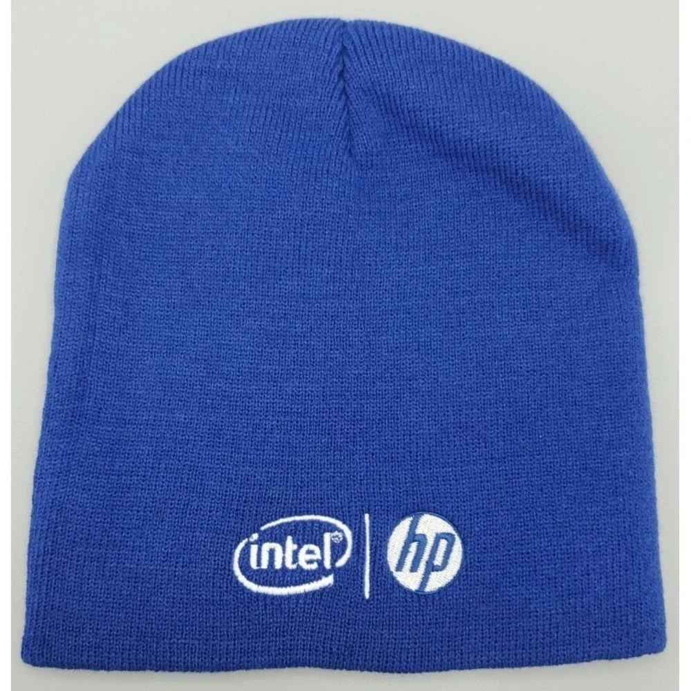 Vintage Intel HP Tech Company Embroidered Blue‎ Beanie Knit Watch Cap Toboggan